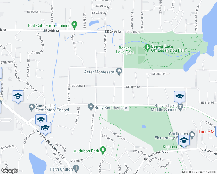 map of restaurants, bars, coffee shops, grocery stores, and more near 24217 Southeast 30th Street in Sammamish