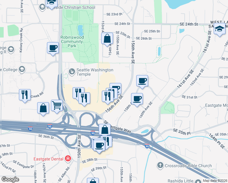 map of restaurants, bars, coffee shops, grocery stores, and more near 15500 Southeast 30th Place in Bellevue