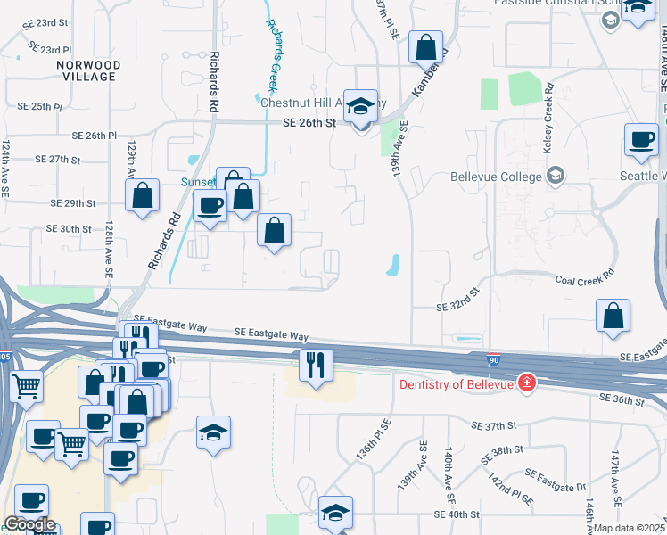 map of restaurants, bars, coffee shops, grocery stores, and more near 13800 Southeast 32nd Street in Bellevue