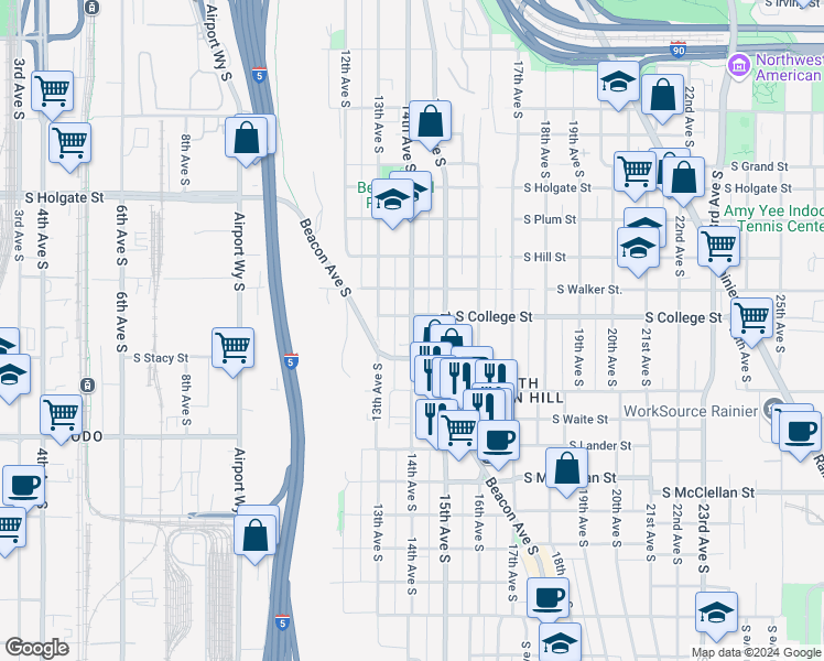 map of restaurants, bars, coffee shops, grocery stores, and more near 2218 14th Avenue South in Seattle