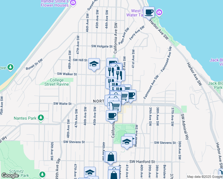 map of restaurants, bars, coffee shops, grocery stores, and more near 2301 California Avenue Southwest in Seattle