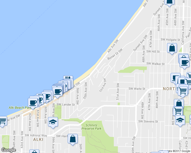 map of restaurants, bars, coffee shops, grocery stores, and more near 2318 Alki Avenue Southwest in Seattle