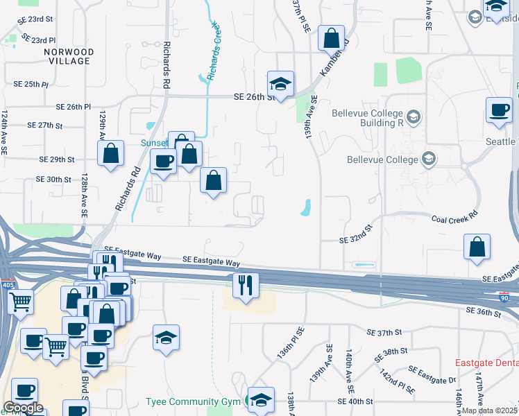map of restaurants, bars, coffee shops, grocery stores, and more near 13800 Southeast 32nd Street in Bellevue