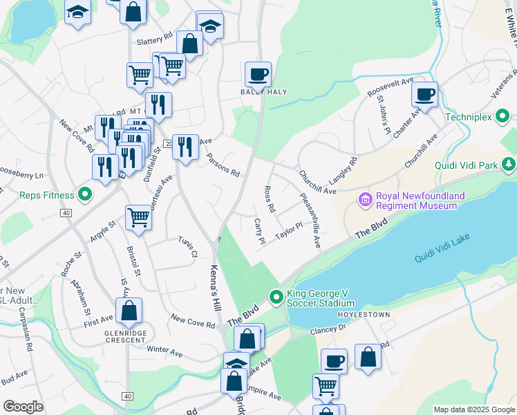 map of restaurants, bars, coffee shops, grocery stores, and more near 20 Carty Place in St. John's