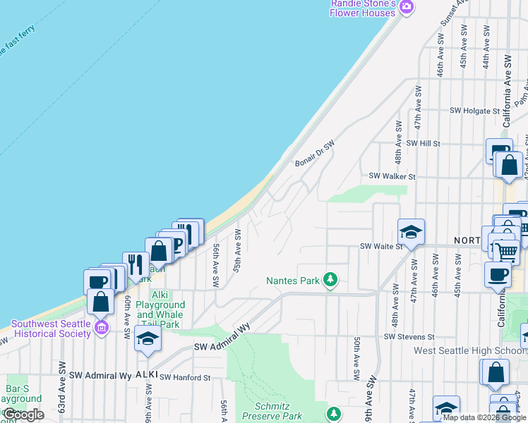 map of restaurants, bars, coffee shops, grocery stores, and more near 2324 Bonair Place Southwest in Seattle