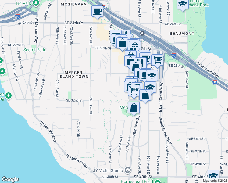 map of restaurants, bars, coffee shops, grocery stores, and more near 7641 Southeast 29th Street in Mercer Island