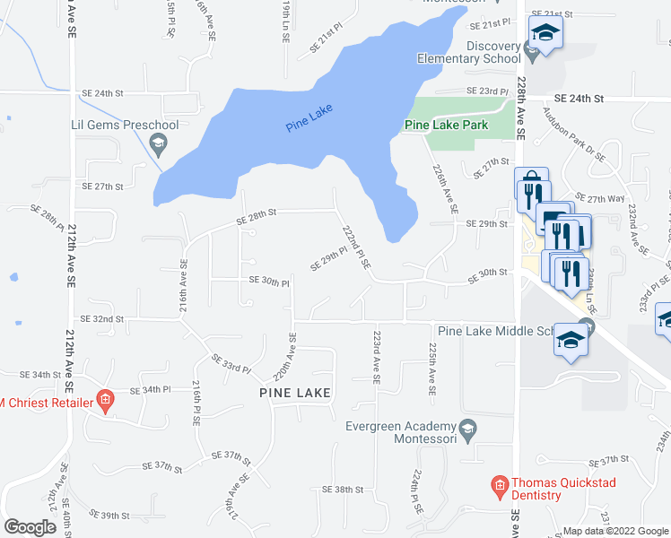 map of restaurants, bars, coffee shops, grocery stores, and more near 22101 Southeast 29th Place in Sammamish