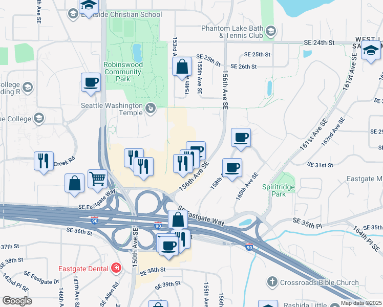 map of restaurants, bars, coffee shops, grocery stores, and more near 15375 Southeast 30th Place in Bellevue