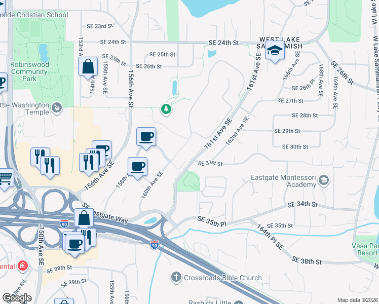 map of restaurants, bars, coffee shops, grocery stores, and more near 3070 160th Avenue Southeast in Bellevue