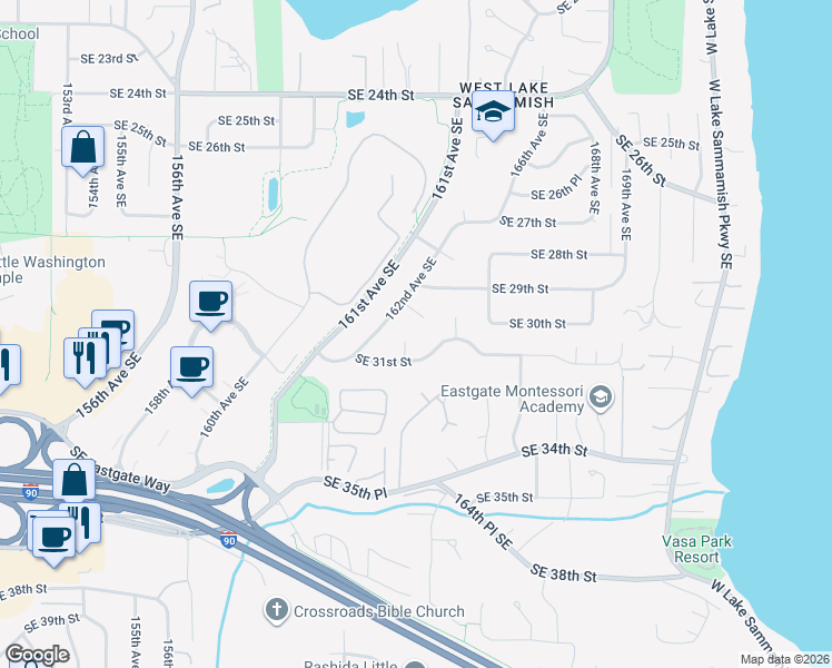 map of restaurants, bars, coffee shops, grocery stores, and more near 2932 162nd Avenue Southeast in Bellevue