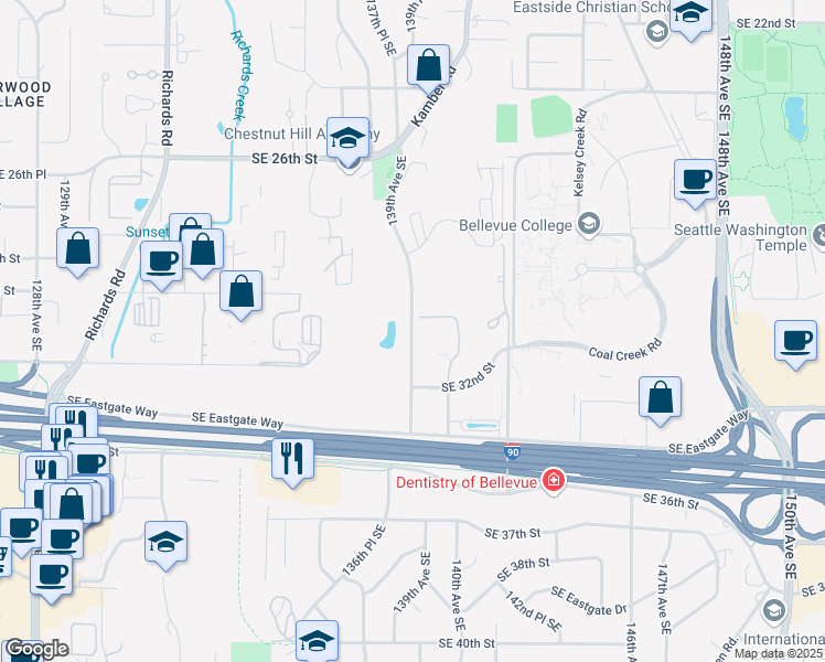 map of restaurants, bars, coffee shops, grocery stores, and more near 3060 139th Avenue Southeast in Bellevue