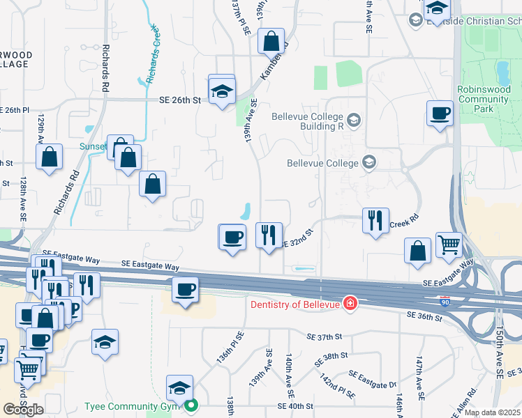 map of restaurants, bars, coffee shops, grocery stores, and more near 3060 139th Avenue Southeast in Bellevue