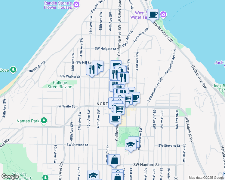 map of restaurants, bars, coffee shops, grocery stores, and more near 2229 44th Avenue Southwest in Seattle