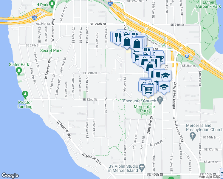map of restaurants, bars, coffee shops, grocery stores, and more near 2948 74th Avenue Southeast in Mercer Island