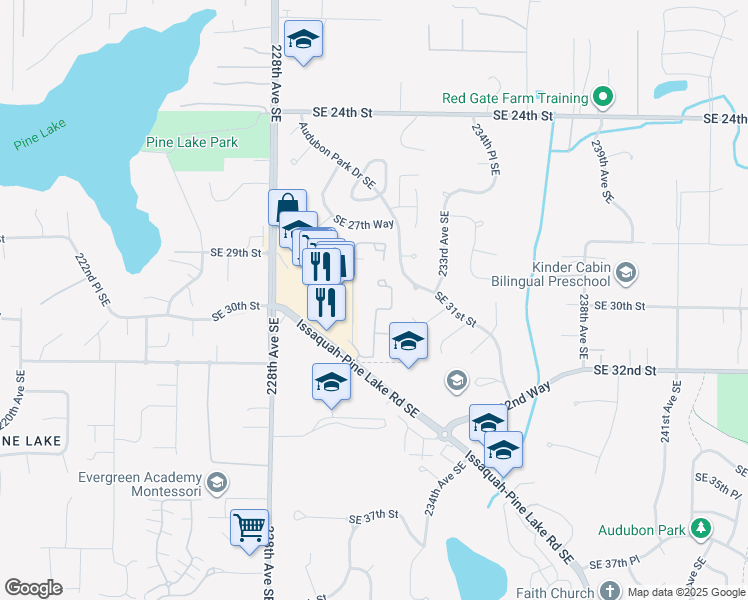 map of restaurants, bars, coffee shops, grocery stores, and more near 3021 231st Lane Southeast in Sammamish