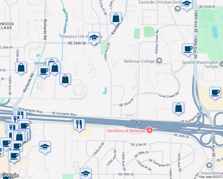 map of restaurants, bars, coffee shops, grocery stores, and more near 3060 139th Avenue Southeast in Bellevue