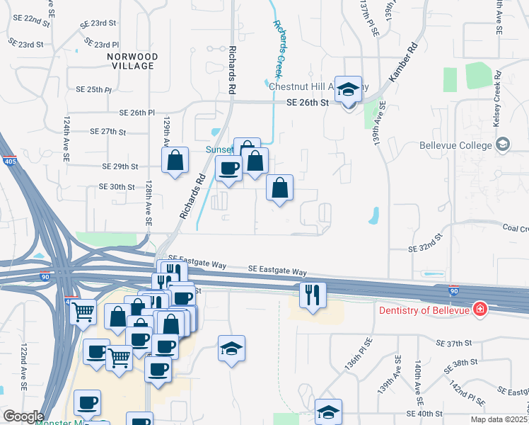 map of restaurants, bars, coffee shops, grocery stores, and more near 13215 Southeast 30th Street in Bellevue