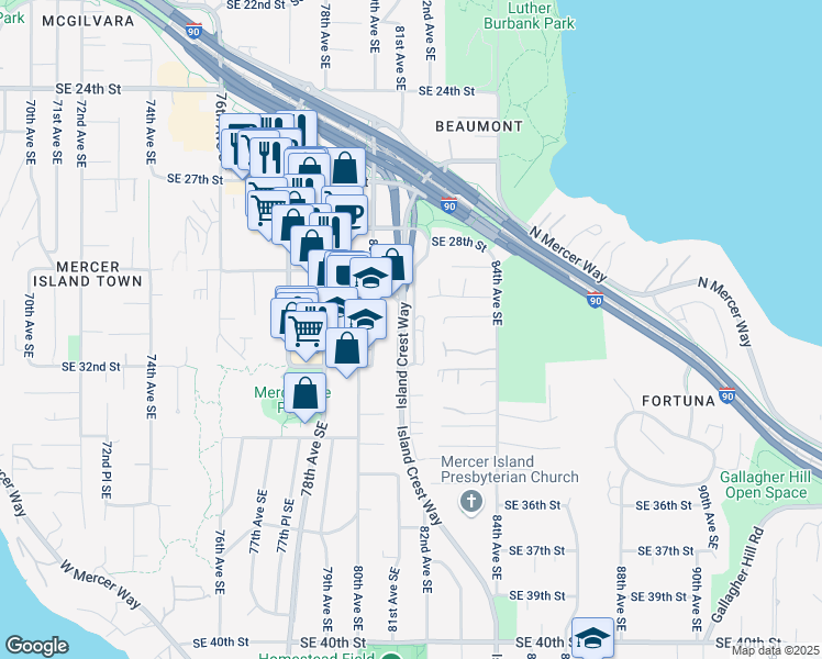 map of restaurants, bars, coffee shops, grocery stores, and more near 3015 81st Place Southeast in Mercer Island