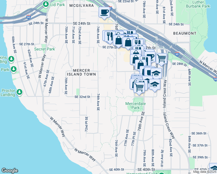 map of restaurants, bars, coffee shops, grocery stores, and more near 2948 74th Avenue Southeast in Mercer Island