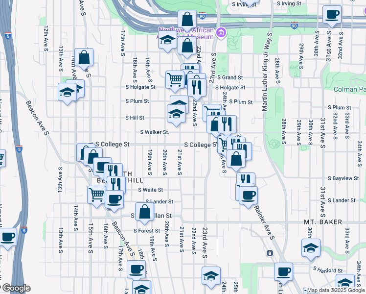 map of restaurants, bars, coffee shops, grocery stores, and more near 2216 21st Avenue South in Seattle