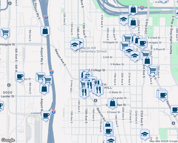 map of restaurants, bars, coffee shops, grocery stores, and more near 2300 15th Avenue South in Seattle