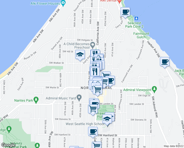 map of restaurants, bars, coffee shops, grocery stores, and more near 2229 44th Avenue Southwest in Seattle