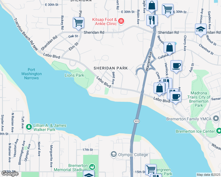 map of restaurants, bars, coffee shops, grocery stores, and more near 510 Lebo Boulevard in Bremerton