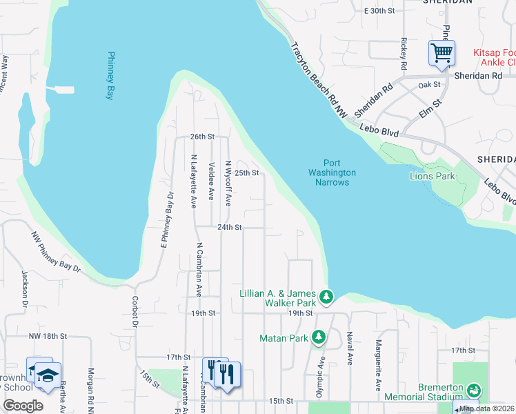 map of restaurants, bars, coffee shops, grocery stores, and more near 2431 Snyder Avenue in Bremerton