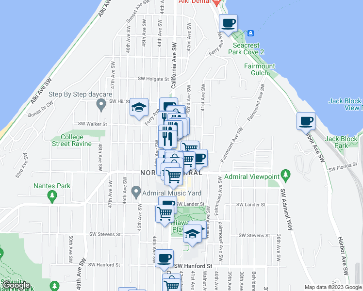 map of restaurants, bars, coffee shops, grocery stores, and more near 4209 Southwest College Street in Seattle