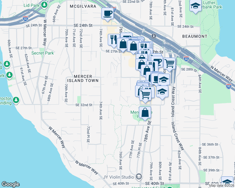 map of restaurants, bars, coffee shops, grocery stores, and more near 2947 76th Avenue Southeast in Mercer Island