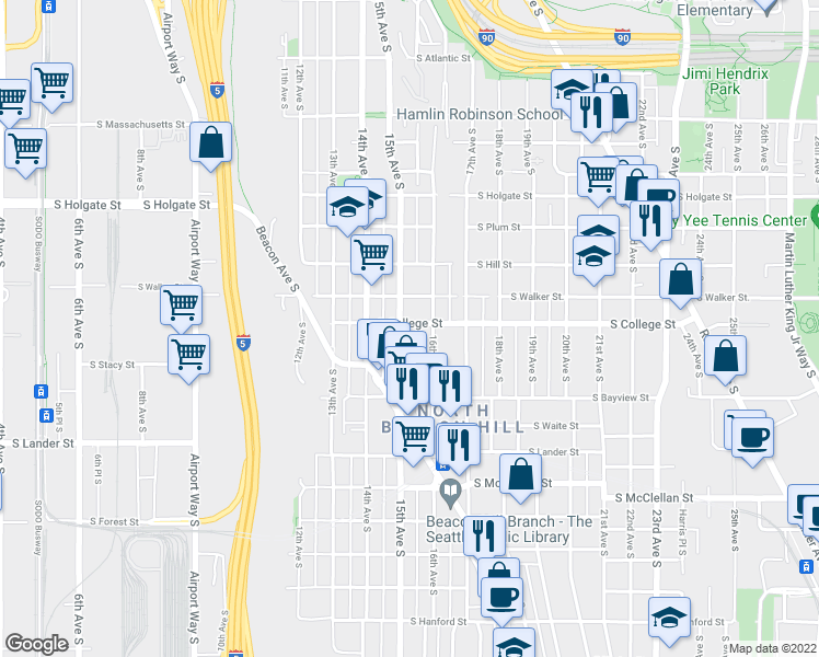 map of restaurants, bars, coffee shops, grocery stores, and more near 2302 15th Avenue South in Seattle