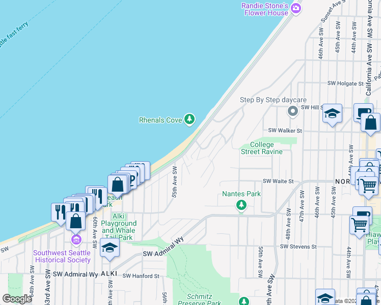map of restaurants, bars, coffee shops, grocery stores, and more near 2318 Alki Avenue Southwest in Seattle