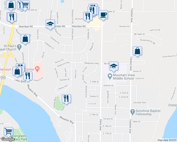 map of restaurants, bars, coffee shops, grocery stores, and more near 2544 Fir Avenue in Bremerton