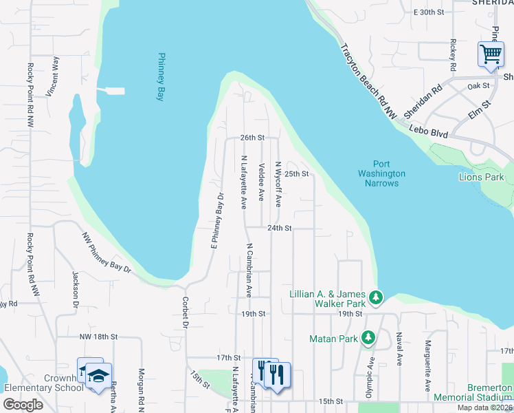 map of restaurants, bars, coffee shops, grocery stores, and more near 2423 Veldee Avenue in Bremerton