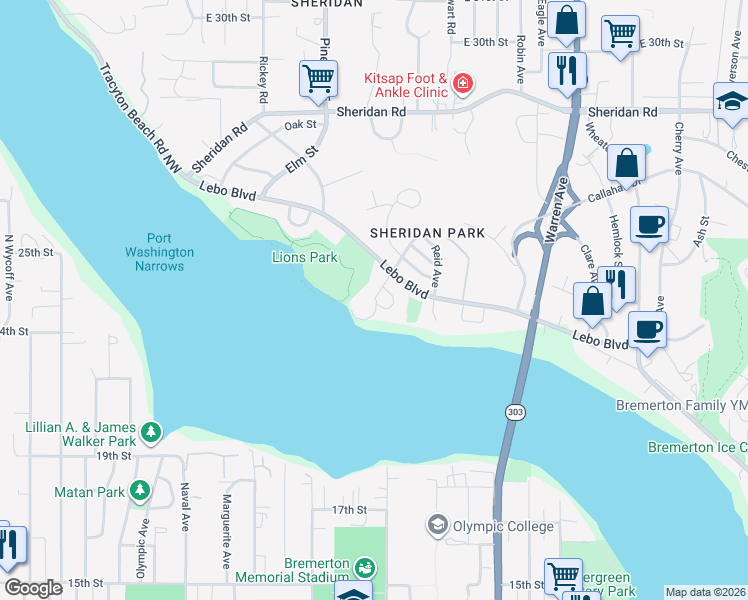 map of restaurants, bars, coffee shops, grocery stores, and more near 2506 Stephenson Avenue in Bremerton