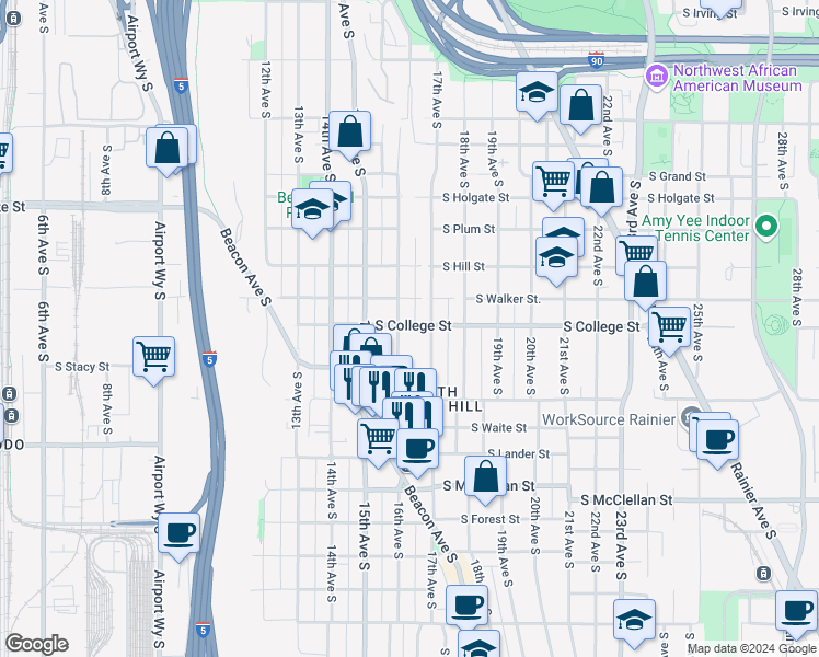 map of restaurants, bars, coffee shops, grocery stores, and more near 1607 South College Street in Seattle