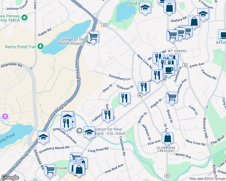 map of restaurants, bars, coffee shops, grocery stores, and more near 10 Downing Street in St. John's