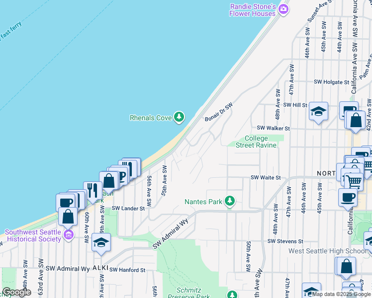 map of restaurants, bars, coffee shops, grocery stores, and more near 2306 Bonair Place Southwest in Seattle