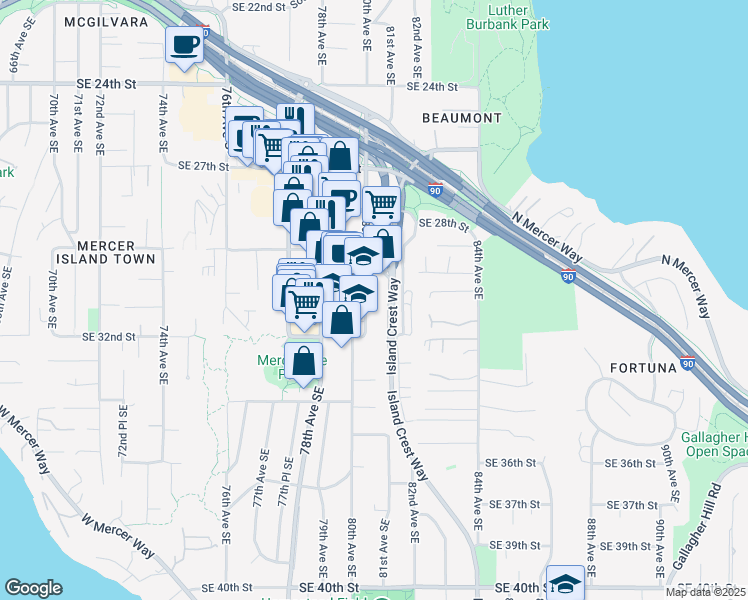 map of restaurants, bars, coffee shops, grocery stores, and more near 3023 80th Avenue Southeast in Mercer Island