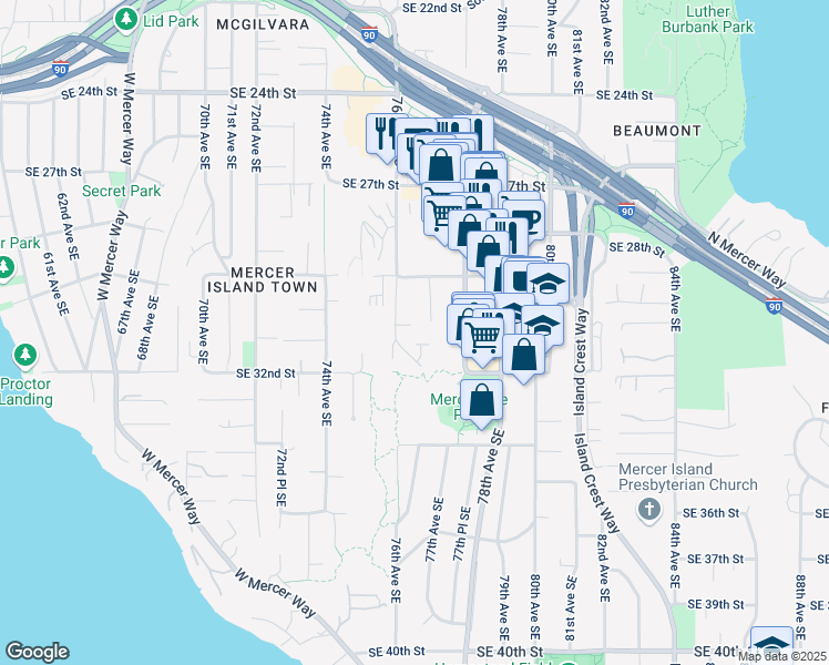 map of restaurants, bars, coffee shops, grocery stores, and more near 7641 Southeast 29th Street in Mercer Island