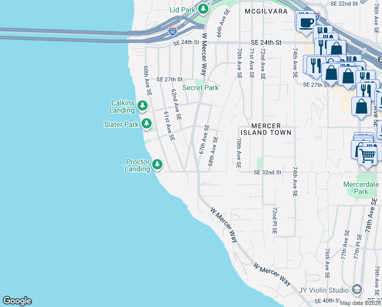 map of restaurants, bars, coffee shops, grocery stores, and more near 3040 West Mercer Way in Mercer Island