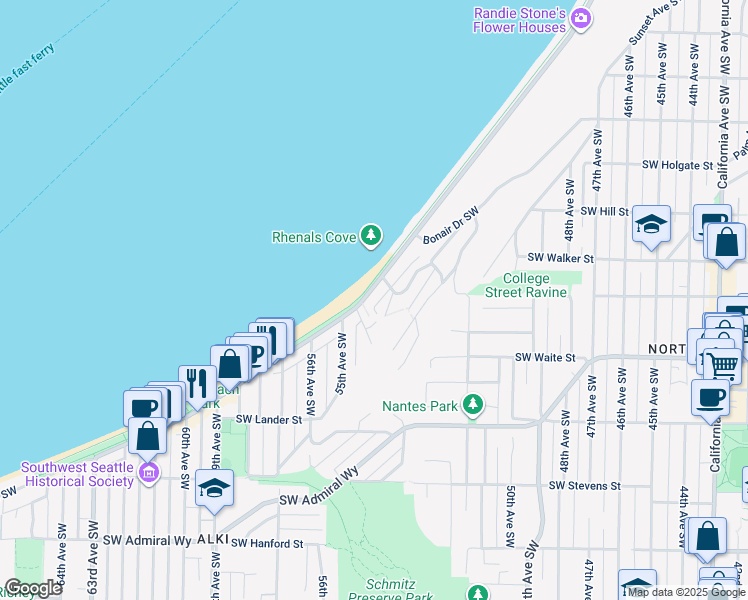 map of restaurants, bars, coffee shops, grocery stores, and more near 2318 Alki Avenue Southwest in Seattle