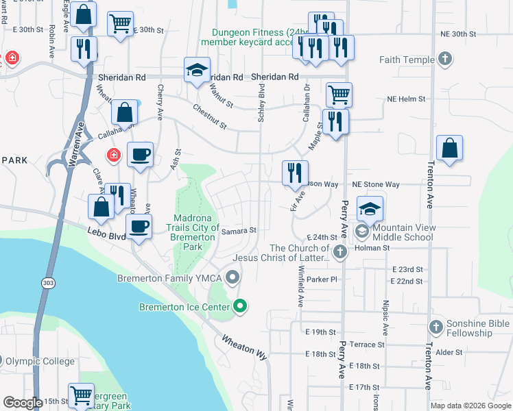 map of restaurants, bars, coffee shops, grocery stores, and more near 2430 Schley Boulevard in Bremerton