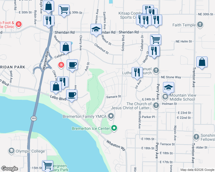 map of restaurants, bars, coffee shops, grocery stores, and more near 2419 Yulan Walk in Bremerton