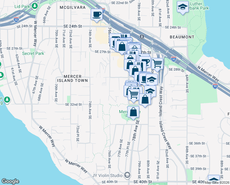 map of restaurants, bars, coffee shops, grocery stores, and more near 2930 76th Avenue Southeast in Mercer Island
