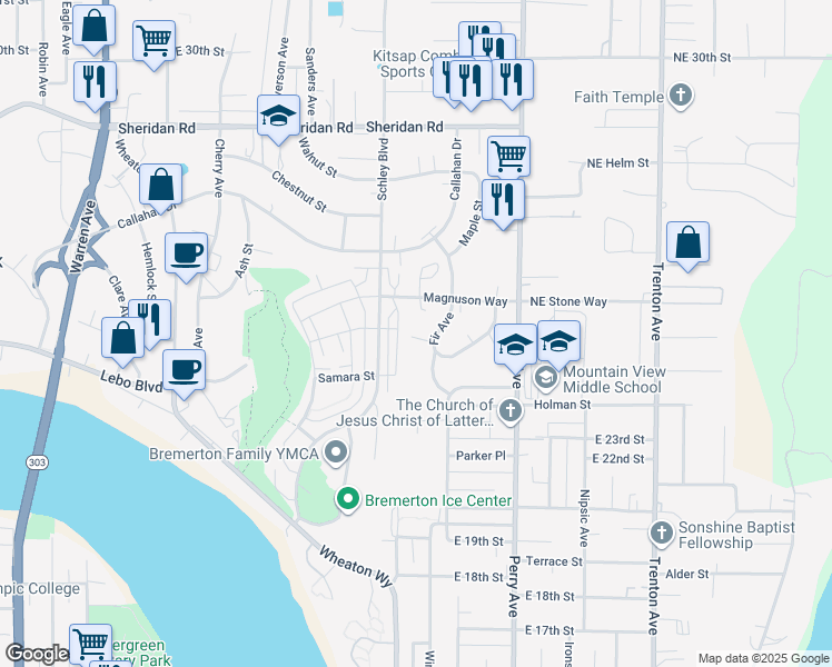 map of restaurants, bars, coffee shops, grocery stores, and more near 2565 Fir Avenue in Bremerton