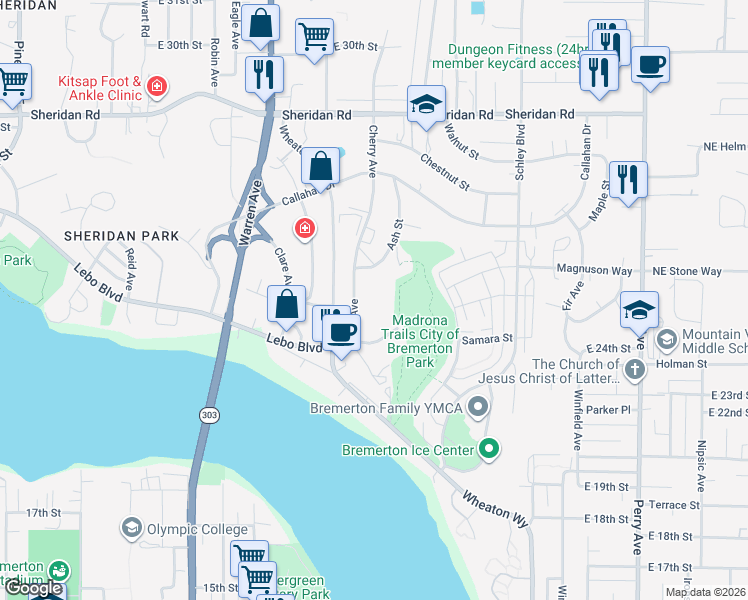 map of restaurants, bars, coffee shops, grocery stores, and more near 2520 Cherry Avenue in Bremerton