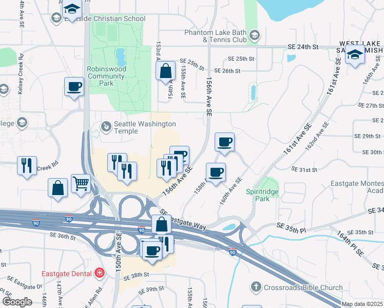 map of restaurants, bars, coffee shops, grocery stores, and more near 15500 Southeast 30th Place in Bellevue