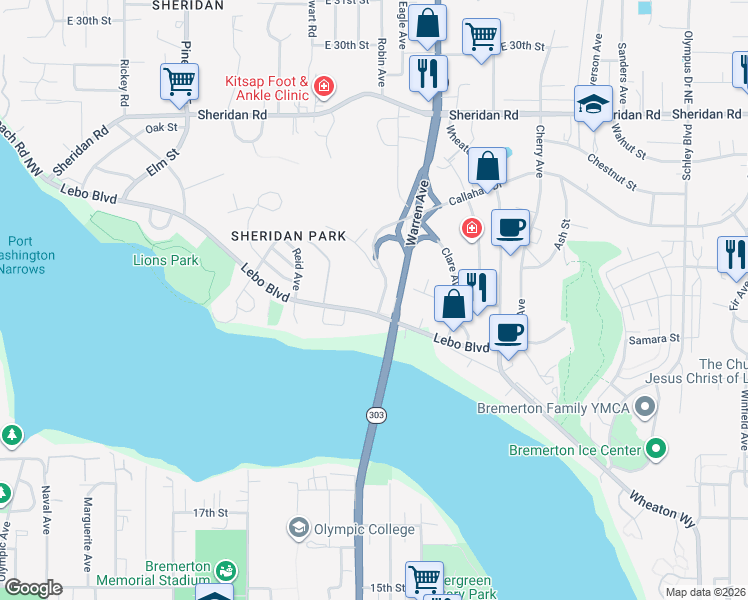 map of restaurants, bars, coffee shops, grocery stores, and more near 579 Juniper Street in Bremerton
