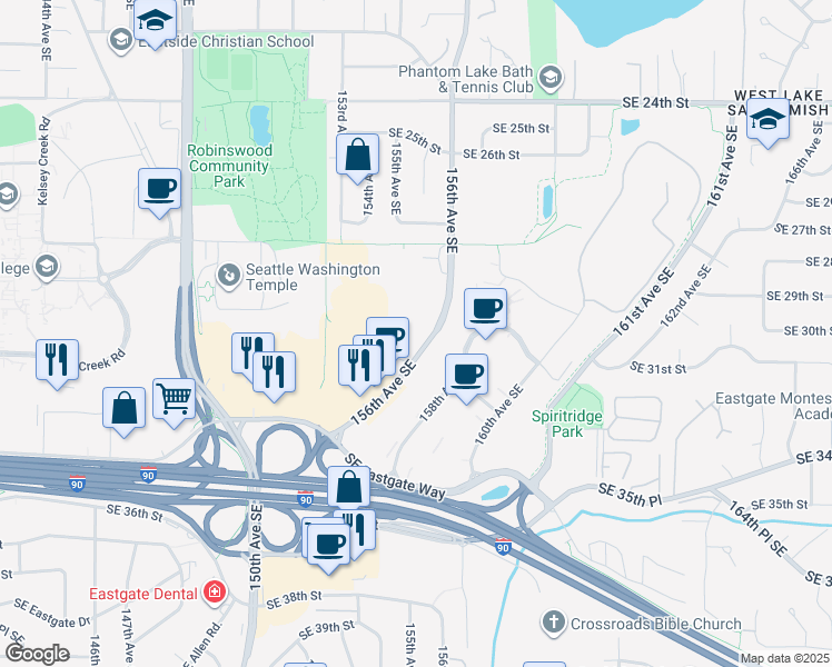 map of restaurants, bars, coffee shops, grocery stores, and more near 15500 Southeast 30th Place in Bellevue